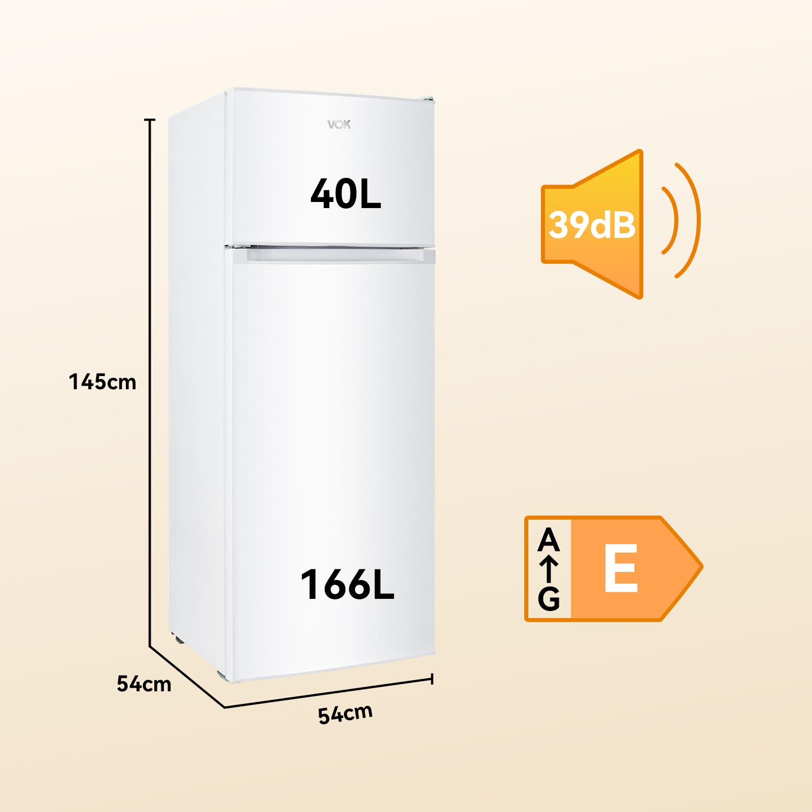 VOK Frigorífico 2 Puertas 206L Blanco LED Clase E Compacto