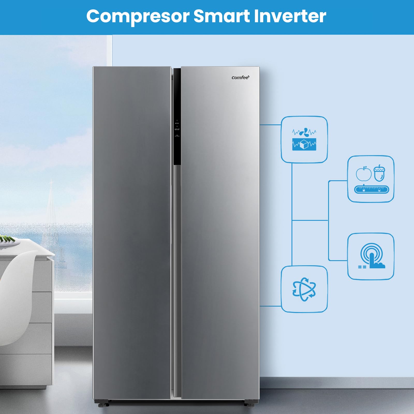 Comfee Frigorífico Americano 460L No Frost Inverter Inox