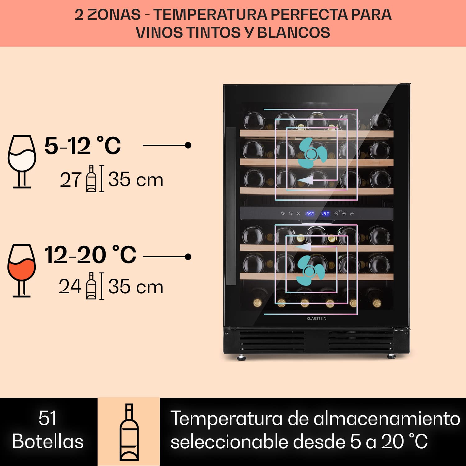 Klarstein Vinoteca 51 Botellas Nevera Vino Dos Zonas Cristal