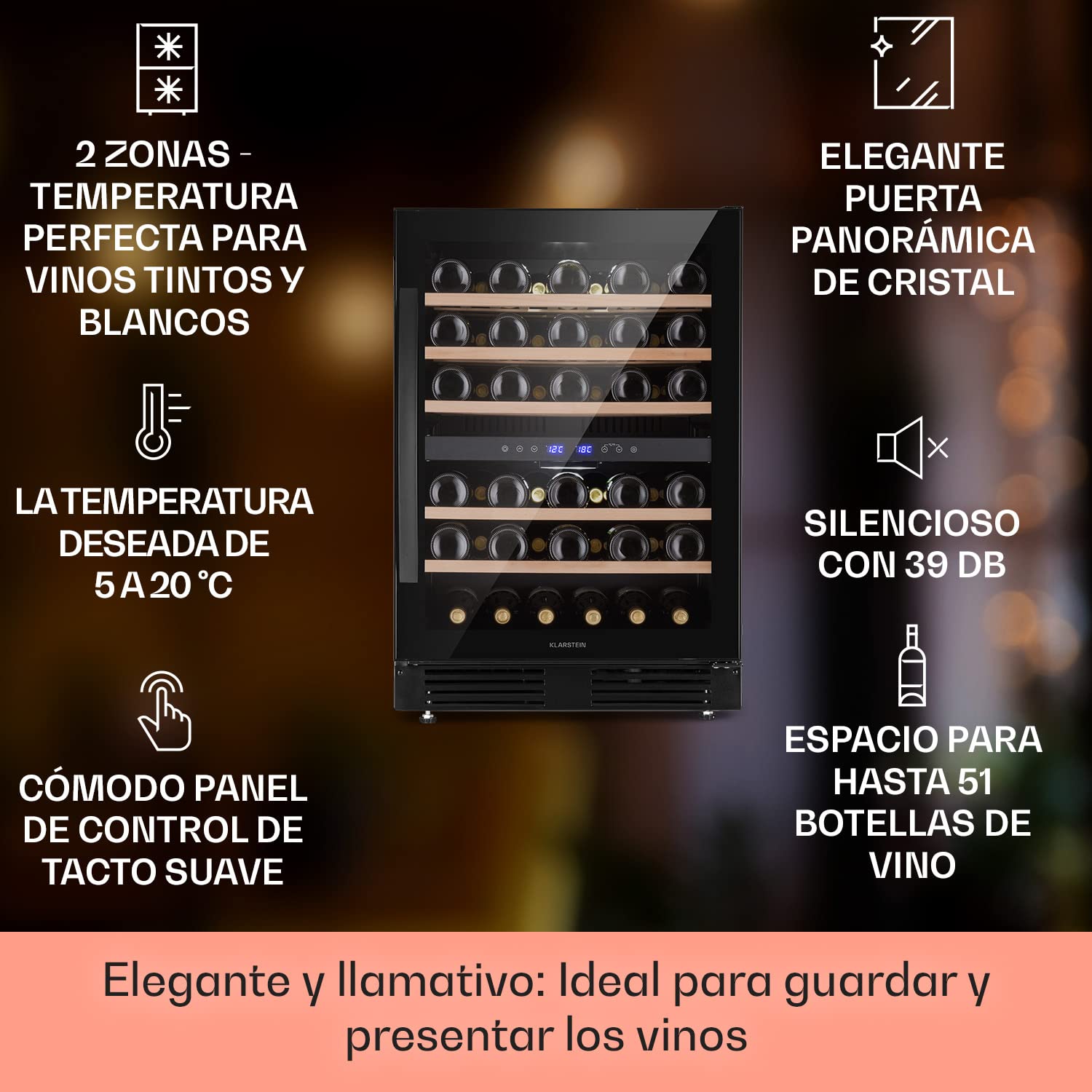 Klarstein Vinoteca 51 Botellas Nevera Vino Dos Zonas Cristal